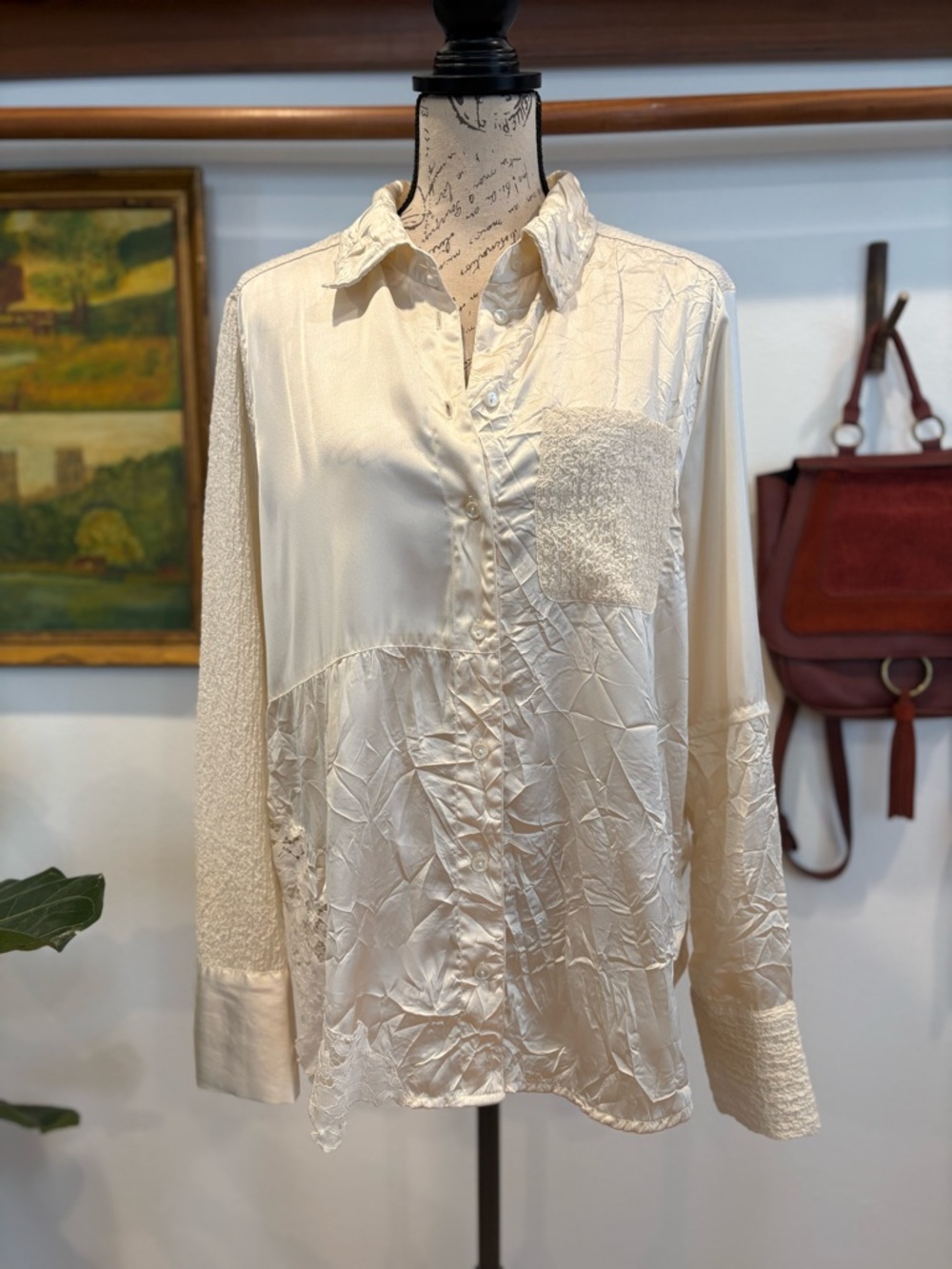 Topshop Cream Crinkle Button-Up Blouse | Textured Boho Shirt Size 8